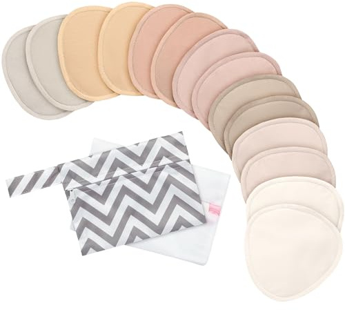 Organic Nursing Pads - 14 Washable Breast Pads for Breastfeeding, Wash Bag, Reusable Nipple Covers for Breastfeeding Essentials, Soft & Absorbent (Neutrals, L 4.8)