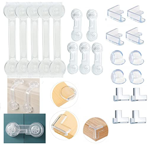 Seloxmcs, 10 pezzi di sicurezza per bambini e 12 pezzi di protezione per bordi angolari, autoadesivi per cassetti, per porte, armadi, frigoriferi e cassetti, con colla forte senza fori