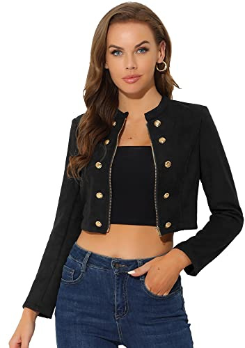 Allegra K Cropped Jacket for Women's Double Breasted Zip Up Biker Faux Suede Jacket Black S