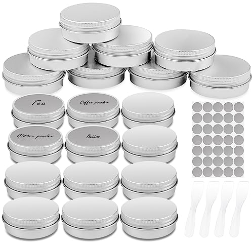 Firschoie 20 Pezzi Vasetti Alluminio, 20ml Mini Barattolo Cosmetici con Tappo a vite, Vasetto con 28 adesivi rotondi e 4 spatole, contenitori cosmetici vuoti per trasportare trucco, lozioni