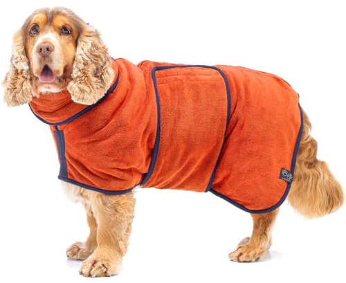 Lucky Paws® Abrigo de secado para perros del Reino Unido, toalla de microfibra para perro, albornoz súper absorbente para mascotas/cachorros, cuello ajustable, capucha y correa para el vientre, súper