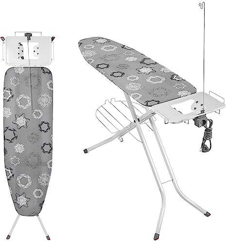KADAX Klappbares Bügelbrett, 120x38cm Dampfbügelbrett mit Steckdose, Bügeltisch mit rutschfesten Füßen, Höhenverstellbares Bügelbrett mit Bügeleisenablage (Grau)