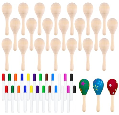 Morcheiong Mini-Maracas aus Holz für Kinder zum Selbermachen, mit 24 mehrfarbigen Stiften, mexikanische Maracas, Cinco de Mayo, Partyzubehör, Dekorationen, 24 Stück