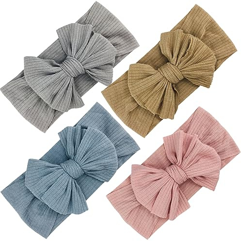 EUDUQ 4 Pezzi Fasce Bambina Neonata,Fascia Neonato in Cotone,Elastica Fascette Per Capelli Per Fiocchi,Fascia Per Turbante,Accessori per Bambina Neonata 0-3 Anni（Grigio Chiaro/Cachi/Azzurro/Rosa）