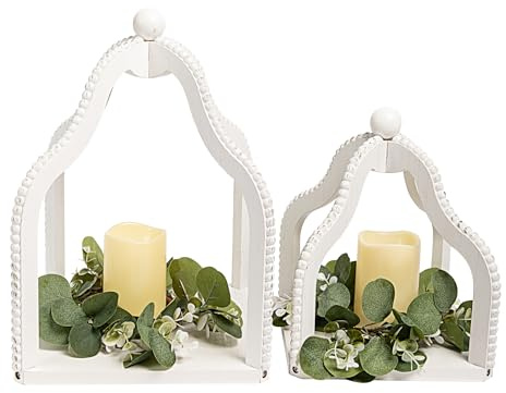 HPC Decor 2 Pack Rustic Farmhouse Lantern Decor,Vintage Wood Beaded Lanterns,White Candle Lanterns Decorative w/LED Lights String and Garland for Home, Indoor,Outdoor, Table, Fireplace, Mantle Decor