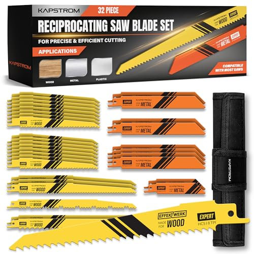 KapStrom Juego de hojas de sierra alternativa, 32 hojas de sierra de repuesto resistentes con estuche de almacenamiento, sierras sable HCS y bimetálicas para madera, metal y plástico