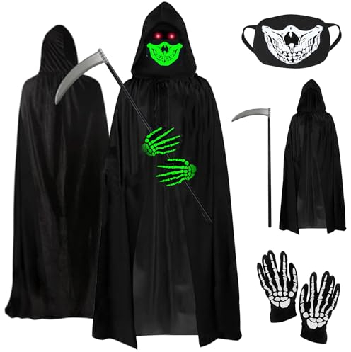 Bseical Grim Reaper Costume Set - Glowing Skull Mask, Reaper Cape, Scythe and Glowing Gloves - Unisex Cosplay for Halloween Party