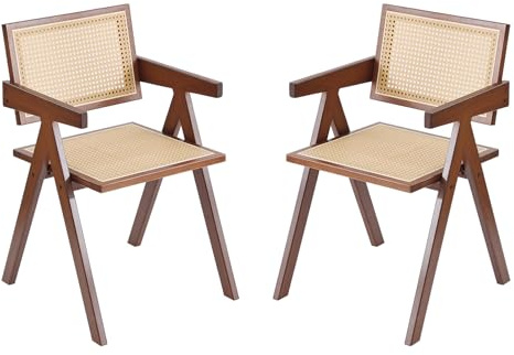Tiita Rattan Dining Chairs Set of 2, Mid Century Modern Armchairs, Wooden Kitchen Chairs for Dining Room, Living Room, Walnut