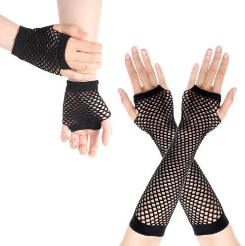 Thin Black Fishnet Gloves - Long and Short Arm Sleeves for Women and Girls' Theme Party, Cosplay, Halloween