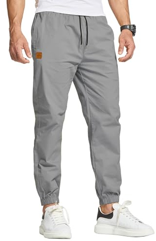 JustSun Mens Casual Chinos Trousers Joggers Elasticated Waist Trousers for Men Cotton Pants Gym Sports Tracksuit Bottoms Drawstring Sweatpants with Pockets Grey L
