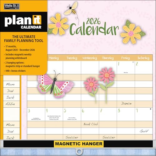Lang Family 2026 Plan-It Plus Wall Calendar – 17-Month Organizer (Aug 2025–Dec 2026) with 5-Person Rows, 442 Reminder Stickers & Magnetic Weekly Whiteboard, 12× 12