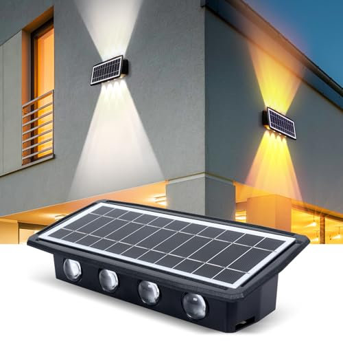 Solar Lights Outdoor, Solar Wall Light 2400mah Up and Down 8 LED Wall Lamps 2 Lighting Colors Solar Garden Lights IP65 Waterproof Solar Powered Wall Lights Deck Lights for Yard Garage Fence Front Door