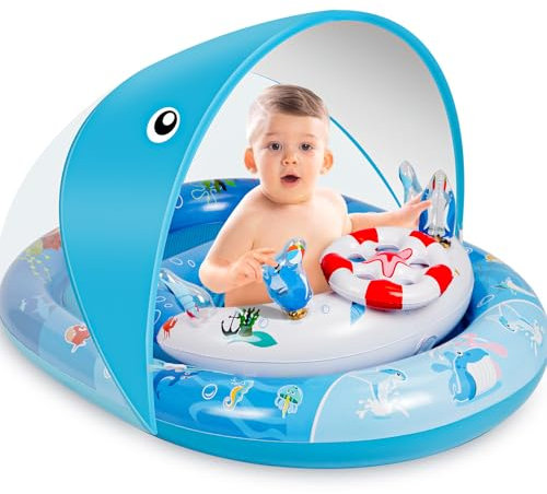 Baby Pool Float with Canopy, Baby Swim Float with UPF50+ Sun Protection Canopy and Toy Play Console, Inflatable Baby Float & Swimming Float with Adjustable Safety Seat for 6-36 Months