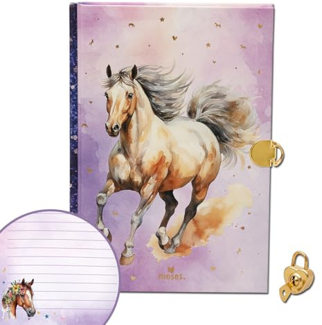 moses. Chevaux – Journal intime avec cadenas en forme de cœur, 192 pages lignées pour notes personnelles et rappels, carnet de notes avec finition en feuille d'or, avec poche de rangement, cadeau pour
