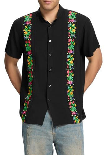 Mexico Guayabera Shirts for Men Short Sleeve Cinco De Mayo Button Down Shirt Cuban Guayabera Shirt for Casual Summer Beach Wear Black X-Large