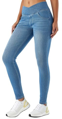 LaiEr Mujer Skinny Jeans V Cruzada de Cintura Alta Barriga Casual Fitness Leggings, Soft Stretch Casual Faux Denim Print Laterales Adecuado para Deportes y Ocio,con Bolsillos .Azul Claro,XL