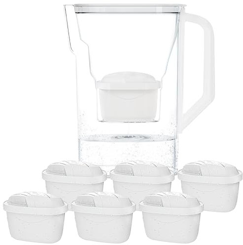 Wessper Jarra Filtradora Agua con Filtros, Jarra para Puerta de Frigorífico de 2,7 Litros, Filtro con Carbón Activo y Resina de Intercambio Iónico, Jarra y Juego de 6 Cartuchos – Blanco