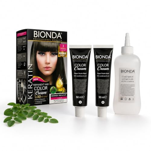 BIONDA Professional 3 Mörkbrun 200 ml Keratin Permanent Hårfärg | Permanent Color Cream 3 Mörkbrun i dubbelpack med keratin och moringa för intensiv färg och gråhårstäckning
