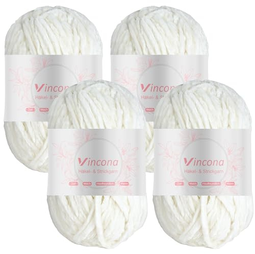 Vincona Lana de chenilla lanas para crochet，4 x 100g hilos para crochet Suave y cómoda, ideal para tejer suéteres, calcetines, bufandas, bolsos, mantas, cojines, muñecas Blanco crema