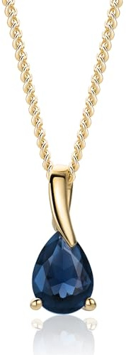 MIORE Collana Donna, Goccia Zaffiro, Ciondolo Oro Giallo 9KT 375, Catenina Argento 925 Placcata Oro 18Kt, Gioiello Anallergico, Elegante Portagioie