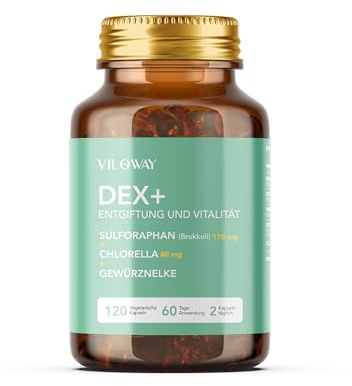 VILOWAY Dex+ – Pflanzliche Kapseln mit Wermut, Nelken, Schwarznuss, Chlorella, Brokkoli & Grüntee – Nahrungsergänzung – 120 Kapseln