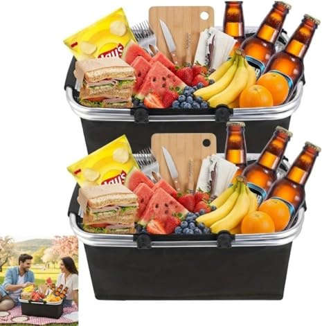 Shoppingkorg, hopvikbar, termisk som picknickkorg, kylbox bärbar med vadderade handtag, bärkorg, för resor, picknick, shopping, 30 liter, 2 stycken (svart)