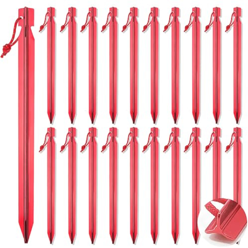 Paquete de 20 estacas de aluminio rojo ultraligeras para tienda de campaña, anclajes portátiles a prueba de óxido para playa y exteriores