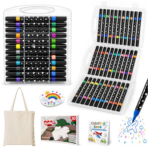 Zaztytoy Rotuladores Acrílicos con Purpurina 72 Colores, Kit de 36 Marcadores de Doble Extremo con 2 Libros para Colorear, Piedra para Pintar y Bolsa DIY, para Madera, Cerámica, Papel y Lienzo