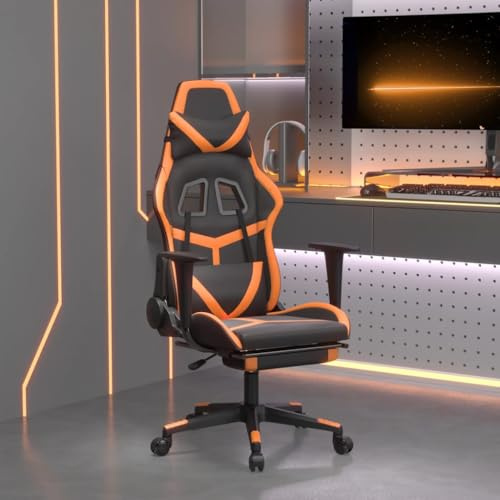 Ordellia Silla de gaming con reposapiés de piel sintética negra y naranja giratoria con función basculante, silla de oficina regulable en altura para sala de ordenador, deportes electrónicos y