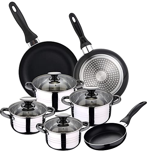 San Ignacio - Cocina- Batería 11 piezas: 4 cacerolas 4 tapas de vidrio y 3 sartenes 16/20/24, acero inoxidable, inducción