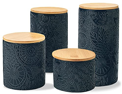 American Atelier Embossed Canister 4-Piece Ceramic Set Jar Container with Wooden Lids for Cookies, Candy, Coffee, Flour, Sugar, Rice, Pasta, Cereal & More