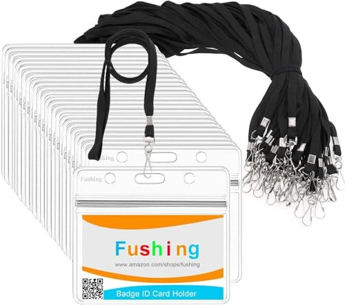 Fushing 20Pcs Clear Plastic Horizontal Name Tags Badge ID Card Holders and 20Pcs Flat Neck Lanyards with Swivel Hook
