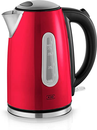 KHG Wasserkocher WK-1707 MRE Edelstahl rot 1,7 Liter, auswaschbarer Kalkfilter, Wasserstandsanzeige, Trockengehschutz & Abschaltautomatik, verdecktes Heizelement, BPA-frei, 2200 Watt