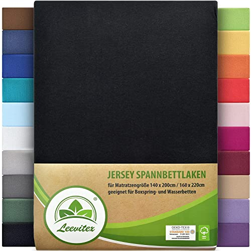 leevitex Premium Spannbettlaken 140 x 200-160 x 220 cm auch für Boxspringbett & Wasserbett | 100% Mako-Jersey-Baumwolle | ÖKO-TEX | 170g/m² | Schwarz