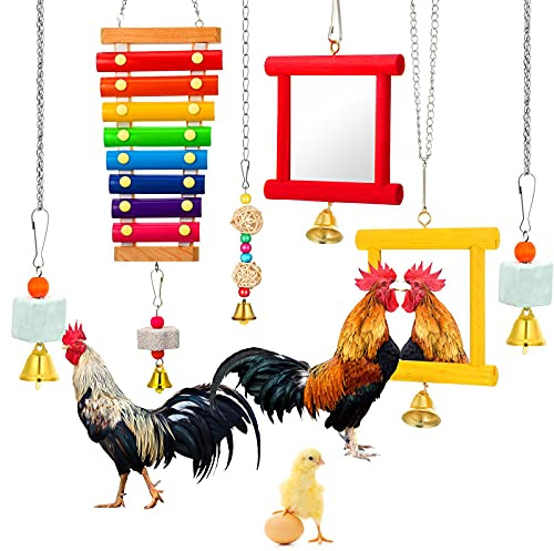 Sumind 6 Pieces Chicken Mirror Chicken Toys for Coop with Bells, Hen Xylophone Toy with 8 Metal Keys, Parrot Grinding Stone, Sepak Takraw Toy, Dangling Bird Toy