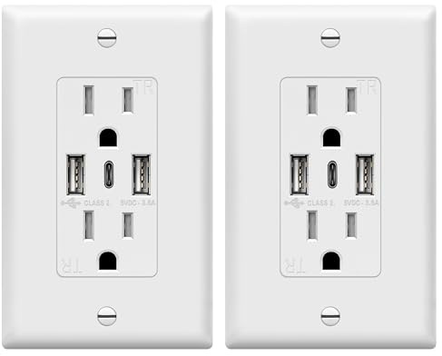 TOPGREENER USB Outlet, 3-Port Type C 3.6A 18W Wall Outlet, 15 Amp Receptacle, Charging Power Outlet with USB Ports, Compatible with iPhone 17 Series & More, UL Listed, TU21536AC3-2PCS, White, 2 Pack