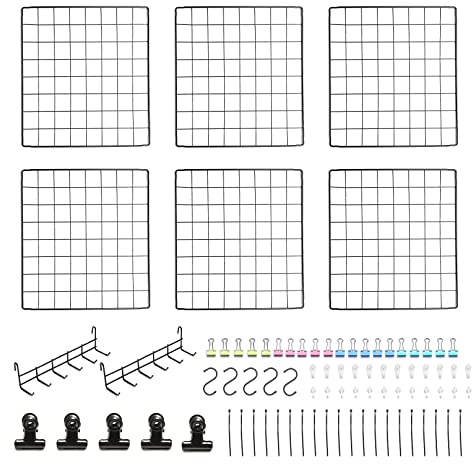 Feadily 6 Pack Metal Grid Panel, 13.8 x 13.8 Black Wire Grid Wall Organizer for Photos, Notes & Decor, Include 2 Hook Racks
