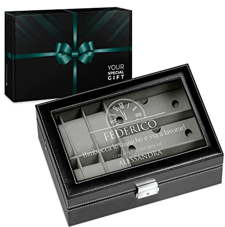 Maverton Scatola Porta Occhiali ed Orologi - 9 scomparti - 6 Orologi - 3 paia di Occhiali - in Similpelle Nera e Velluto Grigio - Personalizzato con Incisione - per uomo - Ora
