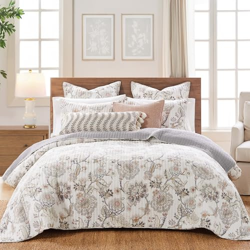Levtex Home - Ophelia Quilt Set - King Quilt and Two King Shams - Floral - Taupe Grey Cream Blush - Quilt (106x92in.) and Shams (20x36in.) - Reversible - Rayon/Cotton