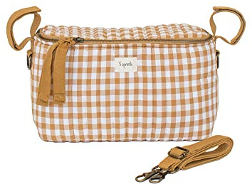 3 Sprouts Pram Organiser - Universal Quilted Stroller Organiser Bag with Cup Holder and Zip Top, Buggy Caddy for Pushchair Storage, Shoulder Strap Converts Organiser to Small Nappy Bag Gingham Mustard