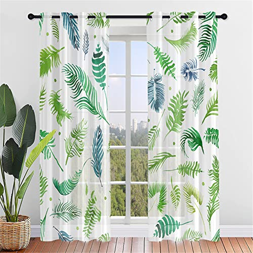 Hiseng Schiebegardinen Voile Vorhang Gardinen 2er Set Pflanze Druck Sheer Schiebevorhänge Lichtdurchlässig Flächenvorhänge für Wohnzimmer Schlafzimmer Fensterschal (140x213cm,Grüne Blätter)