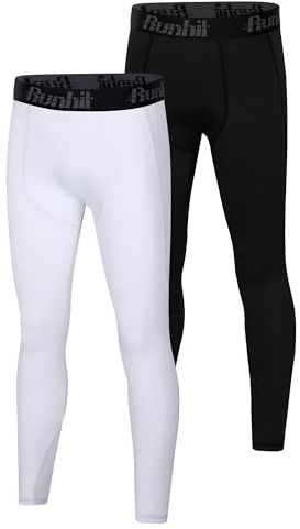 Runhit 2 Pack Boys Compression Leggings,Athletic Tights Basketball Compression Pants,Youth Boys Base Layer Pants Sports Legging Black+White M