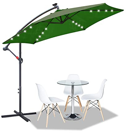 Tubiaz Sonnenschirm 350cm Ampelschirm Groß LED Solar Inkl. Alu Kurbelschirm mit Ständer UV-Schutz Parasol Wasserdicht Gartenschirm Marktschirm für Balkon, Garten, Terrasse,Grün