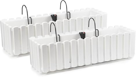 Tymar Blomlåda med hållare i lantlig stil, balkonglåda lamellutseende, planteringslåda på landet, 2-pack, trädgård, balkong, terrass (vit, 60 cm)