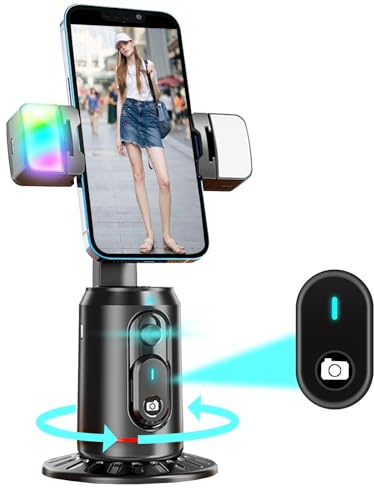 Automatisk ansiktsspårningsstativ 360° roterande automatisk spårning telefonstativ, ingen app, gestkontroll smart fotograferingskamera fäste med selfie-ljus och fjärrkontroll för Live Vlog-strömning,
