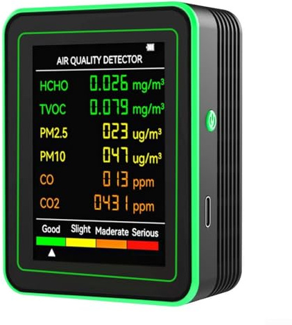 Hasaller Monitores de calidad del aire Medidor de dióxido de carbono portátil 6 en 1 Monitor de calidad del aire interior Monitor de humedad Temperatura con CO PM10 PM2.5 HCHO TVOC y pantalla real de