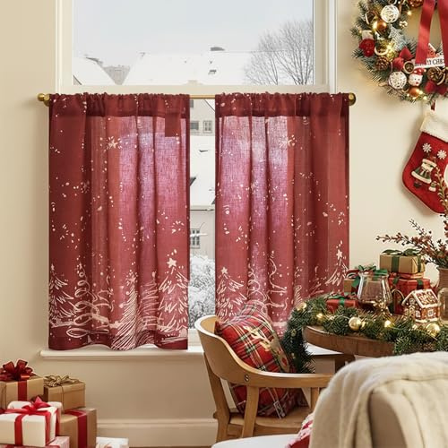 TOPICK Decor Red Christmas Tree Pattern Kitchen Short Curtains 30 Inch Drop, Linen-look Cafe Curtain for Small Window, Rod Pocket Curtain Tier 2 Panels for Sink Basin, Utility Room, Nursery, W26 x L30
