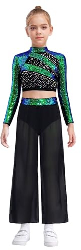 Freebily Costume Danse Latin Jazz Enfant Fille Ensemble Pantalon Évasé et Haut Danse Lyrique Compétition Spectacle Tenue Patinage Artistique Paillettes Vert 11-12 ans