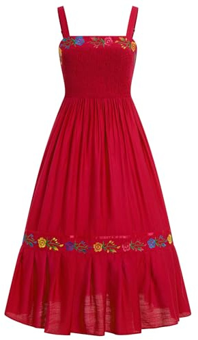 Women's Mexican Floral Embroidered Maxi Dress Smocked Back Adjustable Straps Latin Sundress for Cinco de Mayo Day of the Dead Vacation Traditional Peasant Senorita Dress Halloween Costume Red M