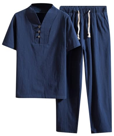 Combinaison en lin pour homme - 2 pièces - Tenue d'été décontractée - Chemise à manches courtes et pantalon long ample - Vêtements traditionnels chinois - Décapsuleur de respiration - Ensembles d'arts